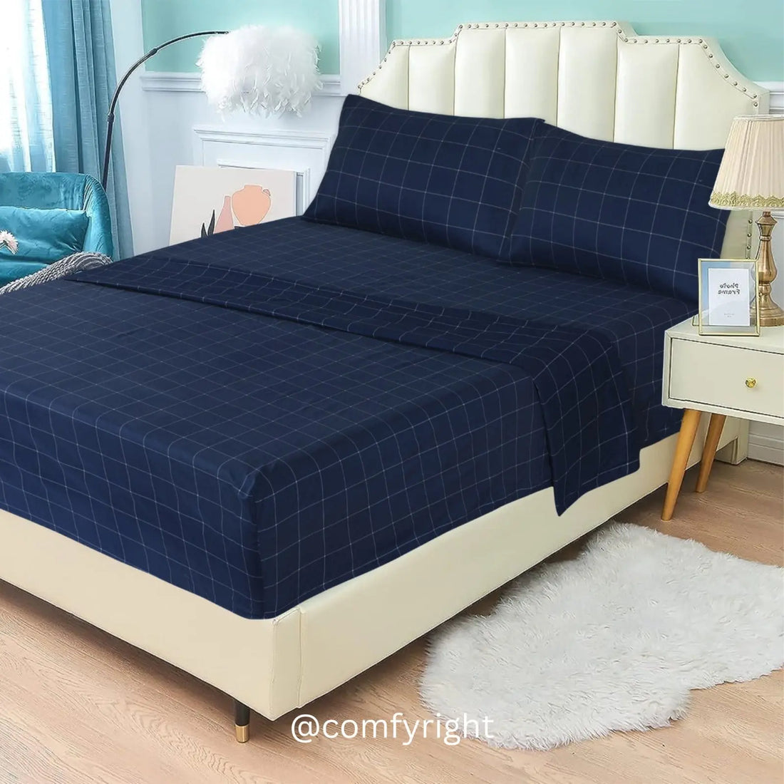 Blue Premium Brushed Microfiber Bed Sheet Set Bed sheet Comfy right Queen 1 Flat Sheet + 1 Fitted Sheet + 2 Pillows