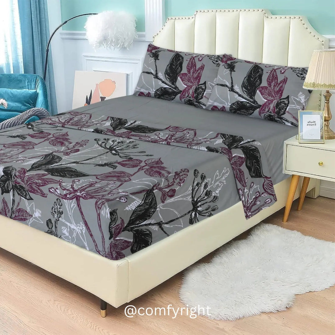 Premium Floral King &amp; Queen Size Bedsheet Set Bed sheet Comfy right King 1 Flat Sheet + 1 Fitted Sheet + 2 Pillows 